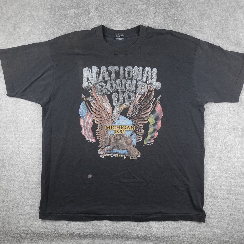 Vintage National Round Up Shirt Mens 2XL Black Michigan Bikers Tee 1993 USA Made